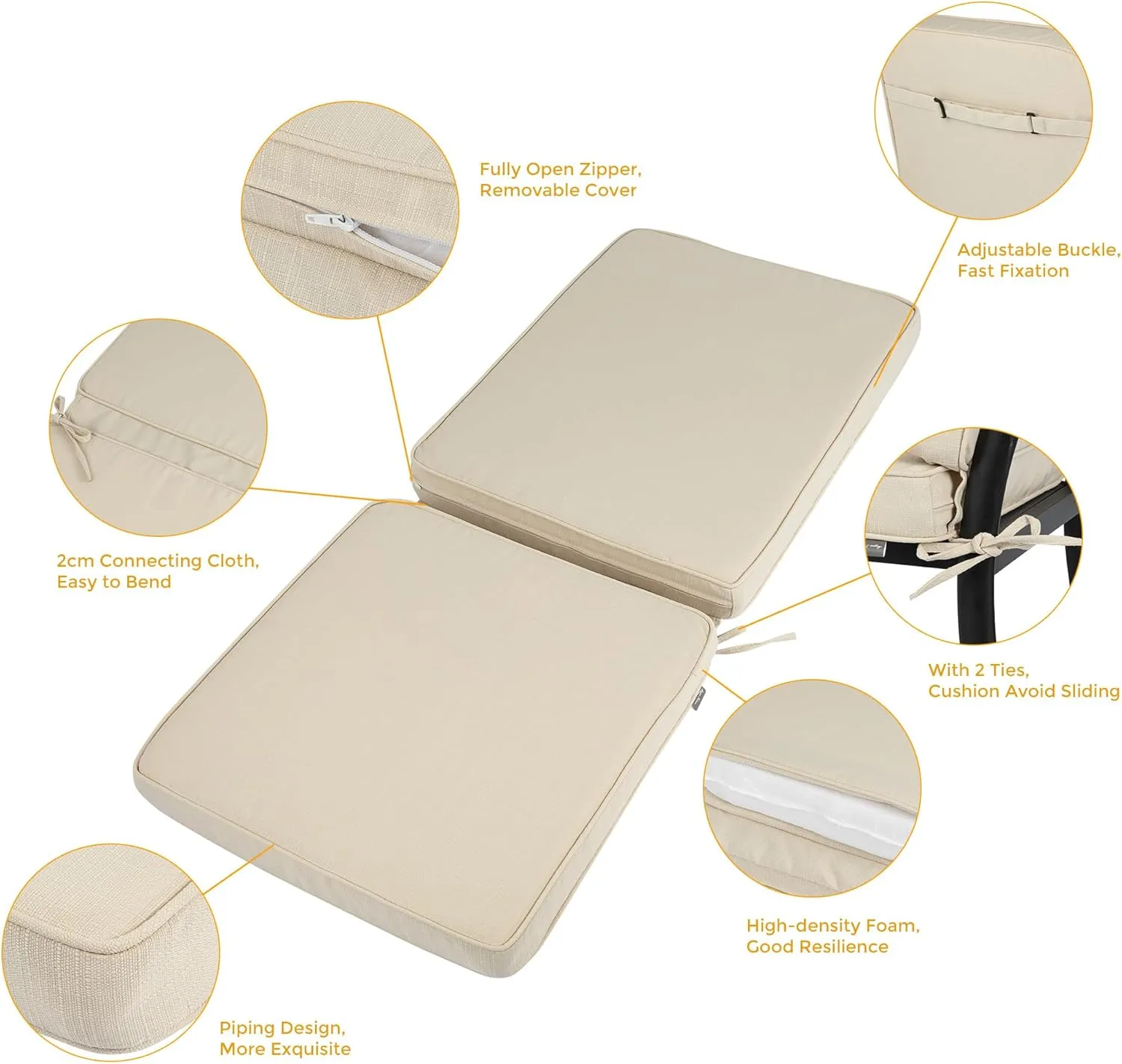 Magpie Fabrics Outdoor/Indoor High Back Square Corner Chair Cushion with Handle & Ties, Waterproof for Home Garden Balcony Patio Beach Swimming Pool, 45"x20"x3", Beige