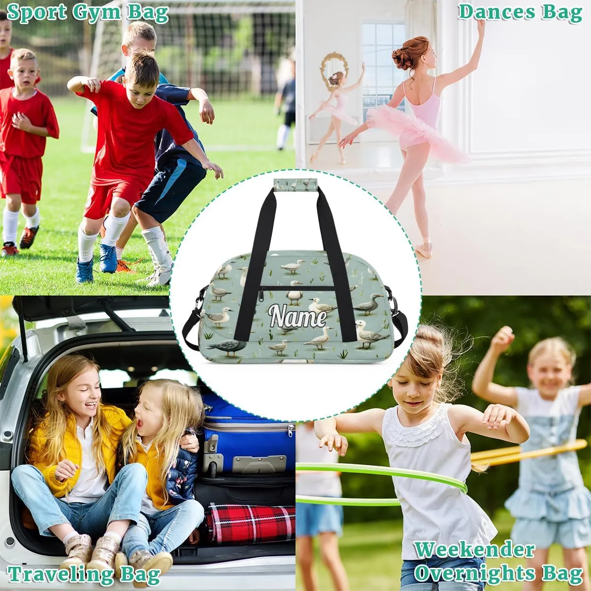 Mallard Ducks Pattern Personalized Kids Gym Bag Custom Name Sport Duffel Bag Dance Ballet Bag for Girls Practice Workout Bag