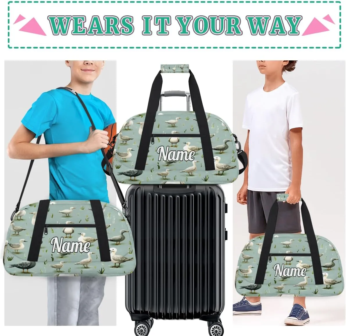 Mallard Ducks Pattern Personalized Kids Gym Bag Custom Name Sport Duffel Bag Dance Ballet Bag for Girls Practice Workout Bag
