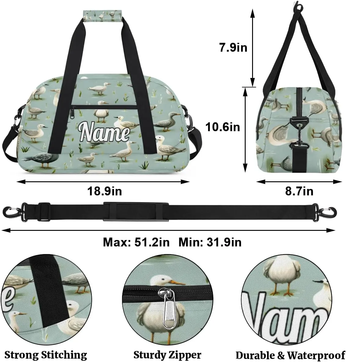 Mallard Ducks Pattern Personalized Kids Gym Bag Custom Name Sport Duffel Bag Dance Ballet Bag for Girls Practice Workout Bag