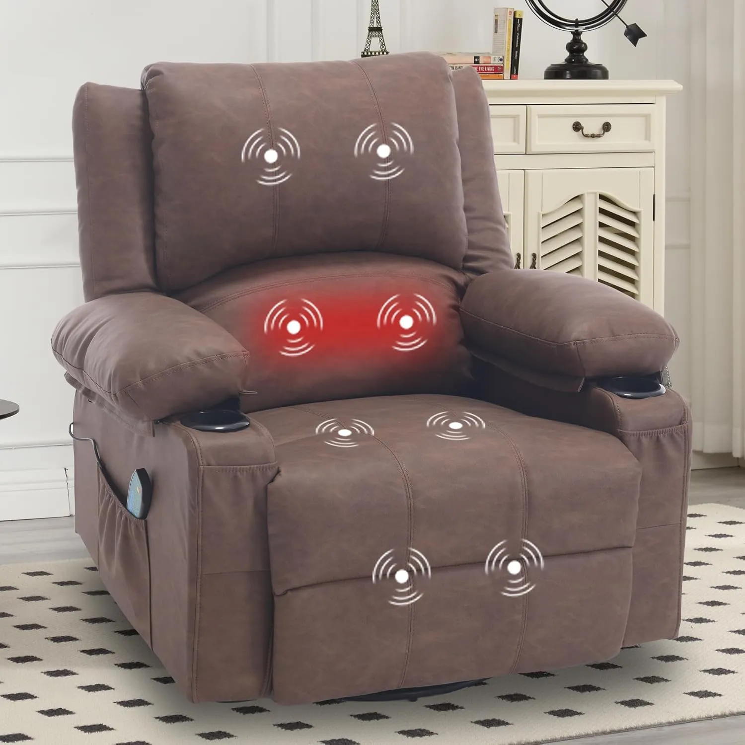 Massage Swivel Rocker Recliner with Heat, PU Leather Rocking Recliners Chair for Living Room, Modern Manual Massage Recliner with Cup Holders, Overstuffed Single Sofa Chairs for Adults, Brown