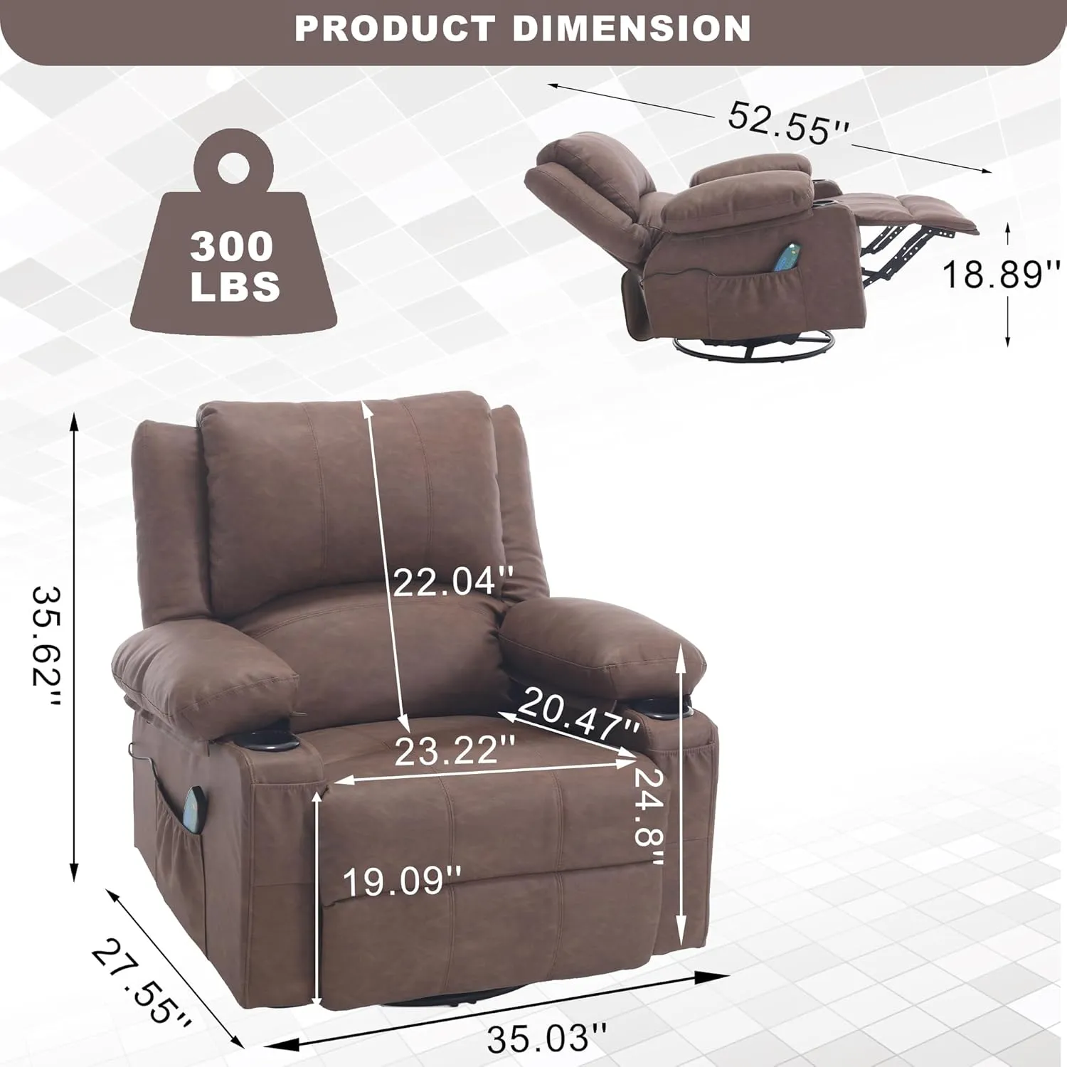 Massage Swivel Rocker Recliner with Heat, PU Leather Rocking Recliners Chair for Living Room, Modern Manual Massage Recliner with Cup Holders, Overstuffed Single Sofa Chairs for Adults, Brown