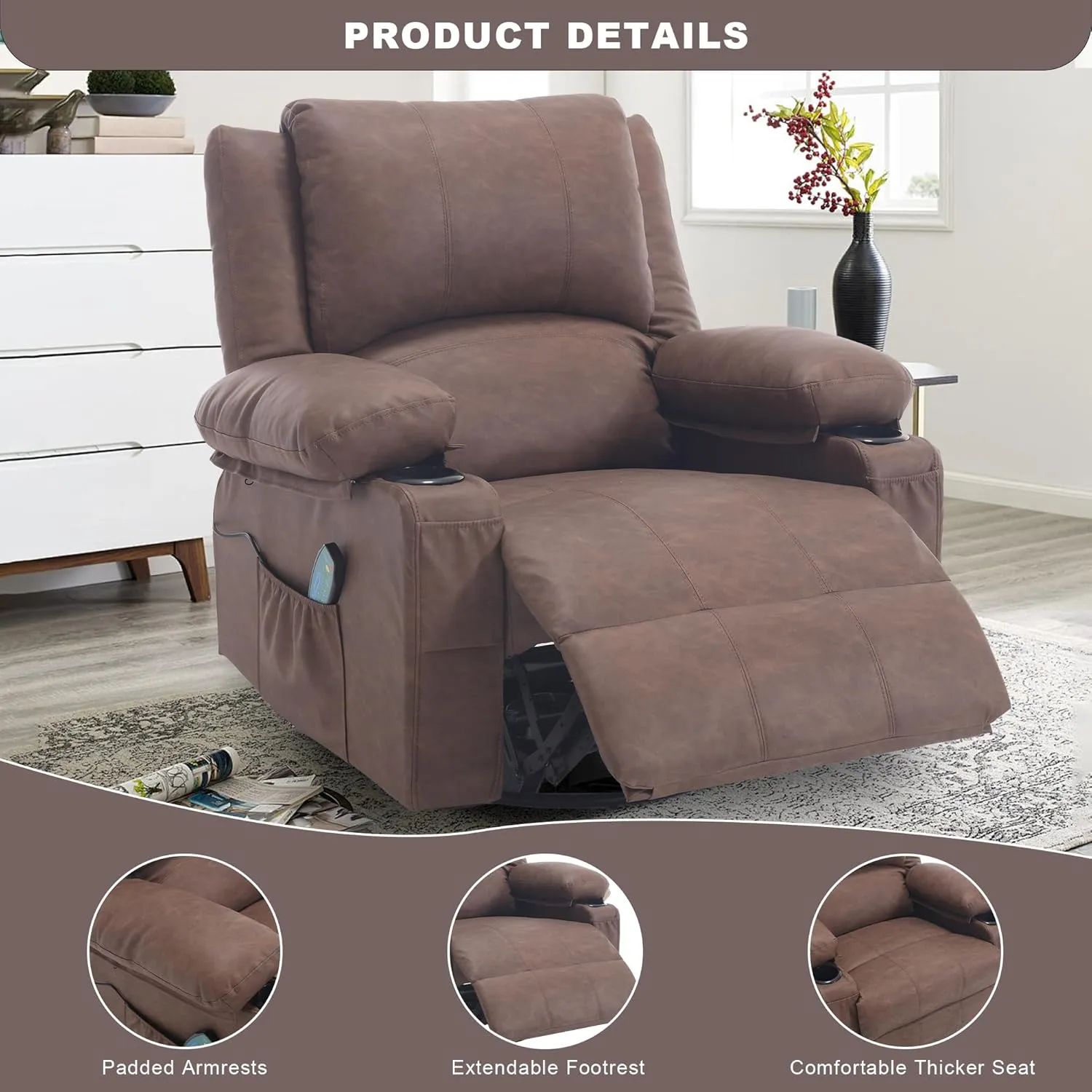 Massage Swivel Rocker Recliner with Heat, PU Leather Rocking Recliners Chair for Living Room, Modern Manual Massage Recliner with Cup Holders, Overstuffed Single Sofa Chairs for Adults, Brown