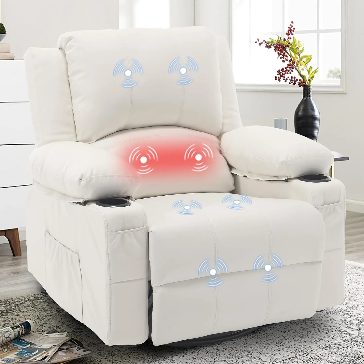 Massage Swivel Rocker Recliner with Lumbar Heat, Overstuffed Faux Leather Recliners for Living Room, Modern Single Sofa Rocking Chairs for Adults, Manual Rocker Recliner with Cup Holders, White