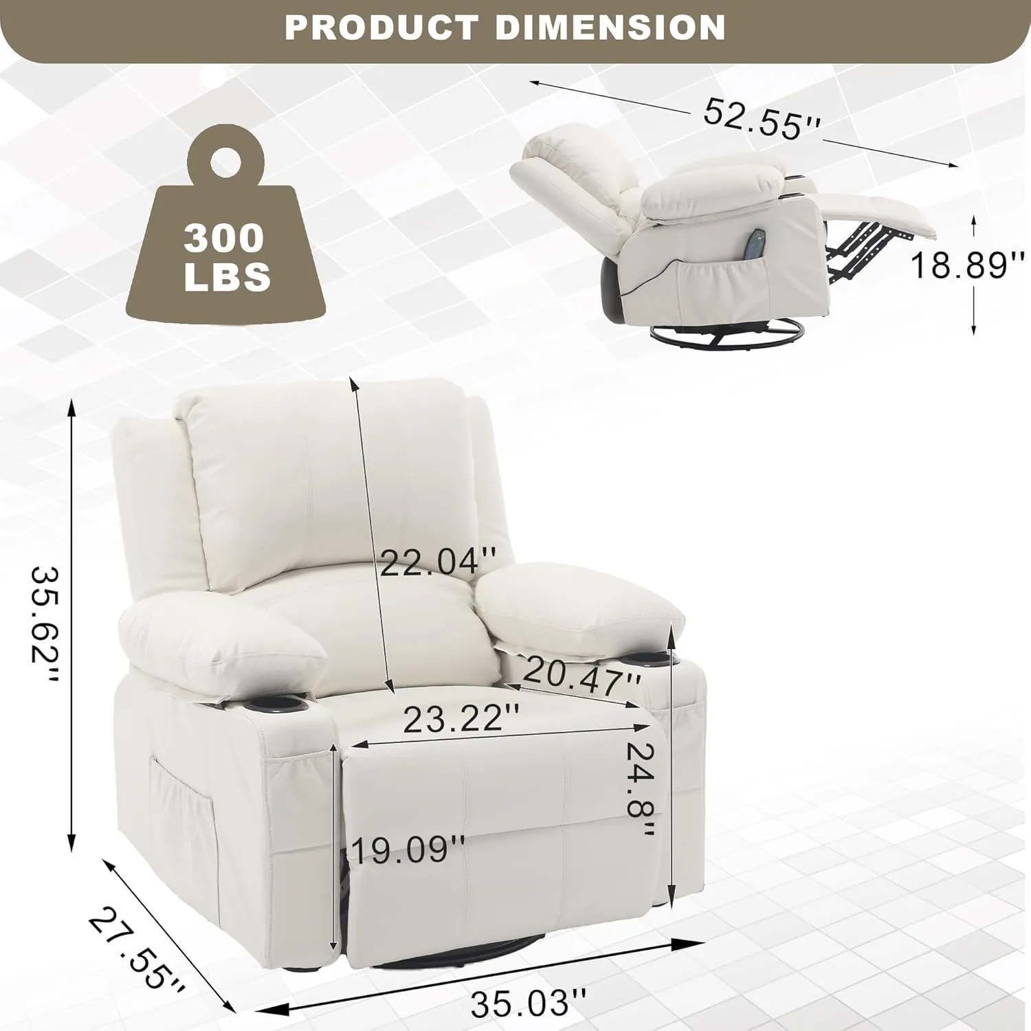 Massage Swivel Rocker Recliner with Lumbar Heat, Overstuffed Faux Leather Recliners for Living Room, Modern Single Sofa Rocking Chairs for Adults, Manual Rocker Recliner with Cup Holders, White