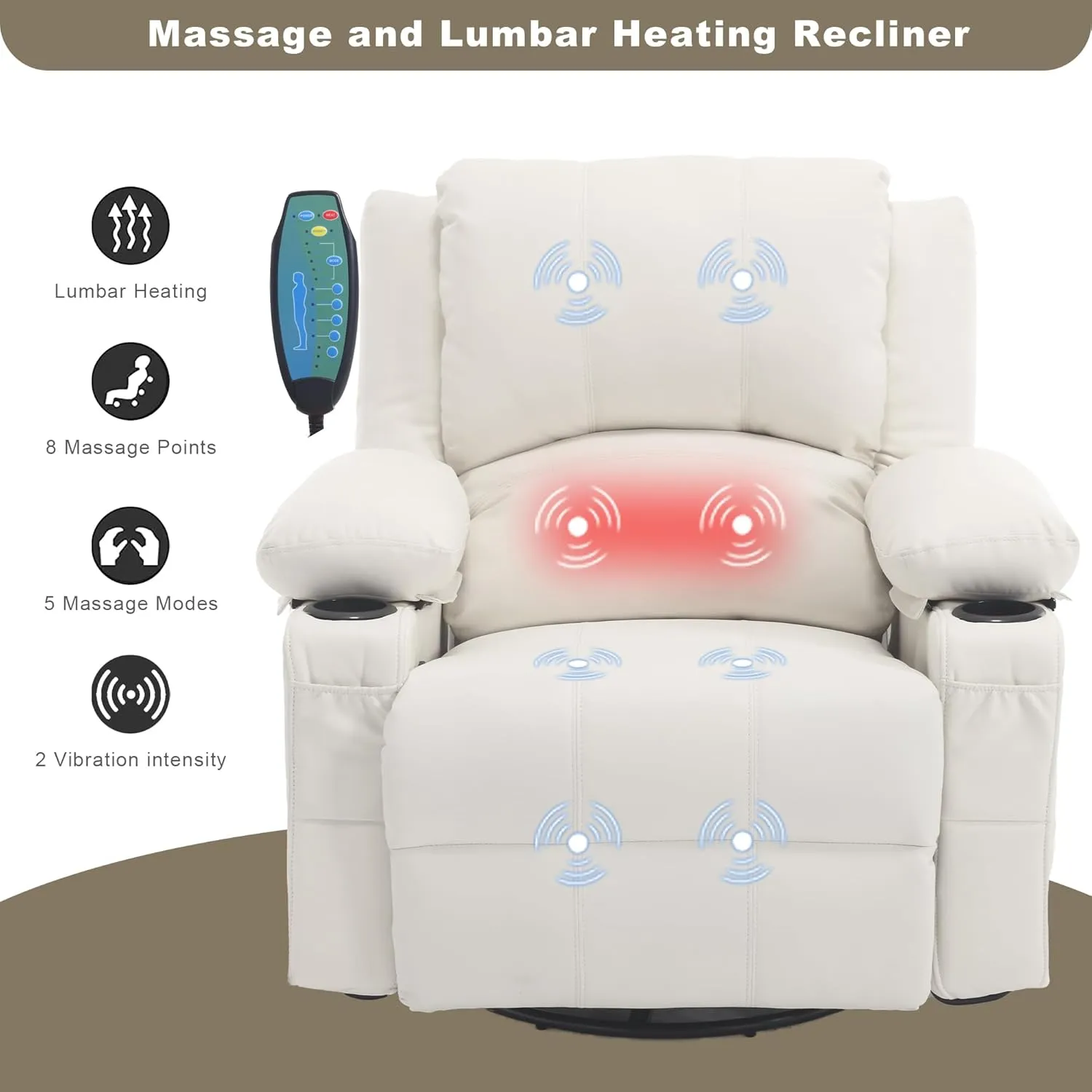 Massage Swivel Rocker Recliner with Lumbar Heat, Overstuffed Faux Leather Recliners for Living Room, Modern Single Sofa Rocking Chairs for Adults, Manual Rocker Recliner with Cup Holders, White