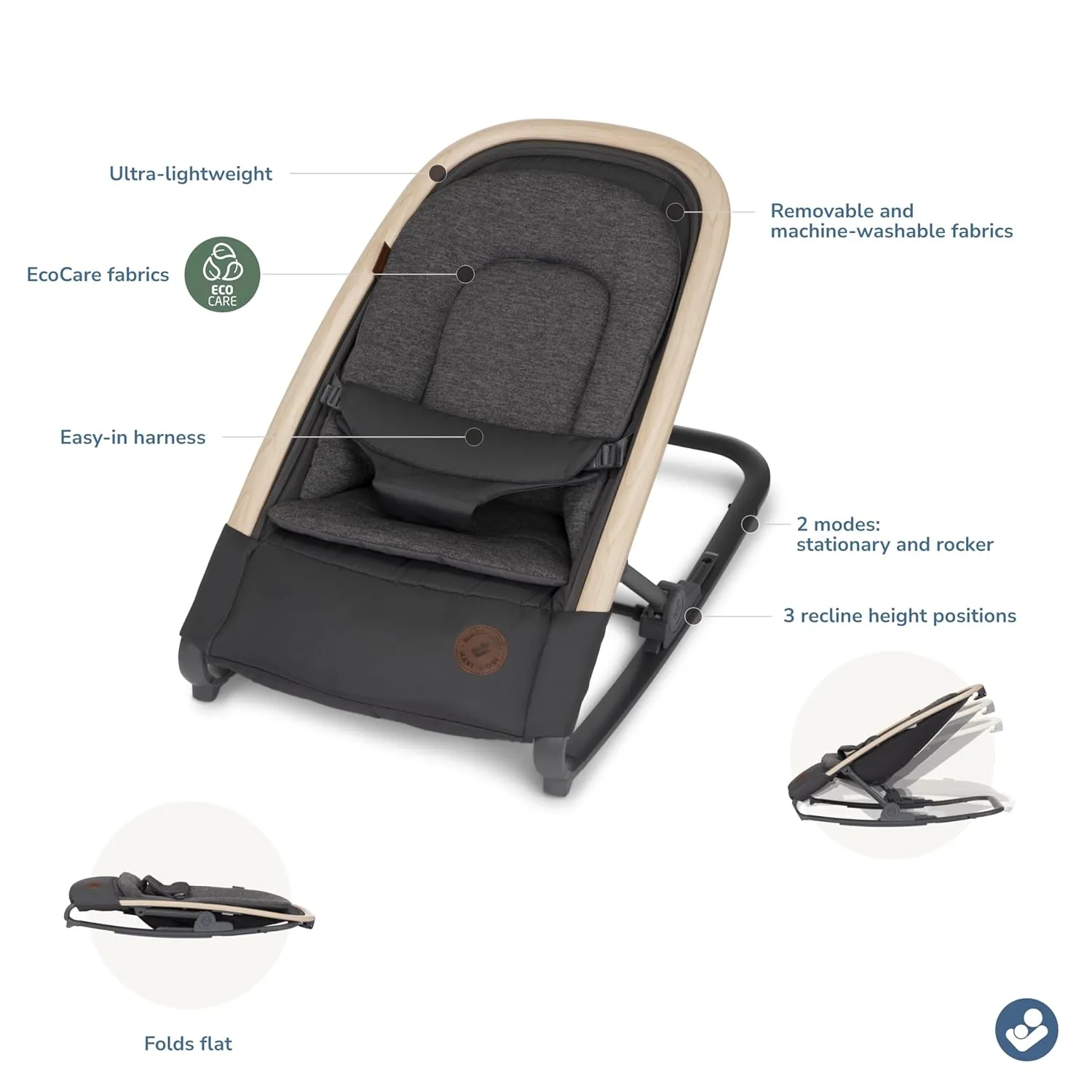 Maxi-Cosi Kori 2-in-1 Baby Bouncer Seat for Infants, Baby Rocker Chair, Portable Baby Bouncer, Classic Graphite