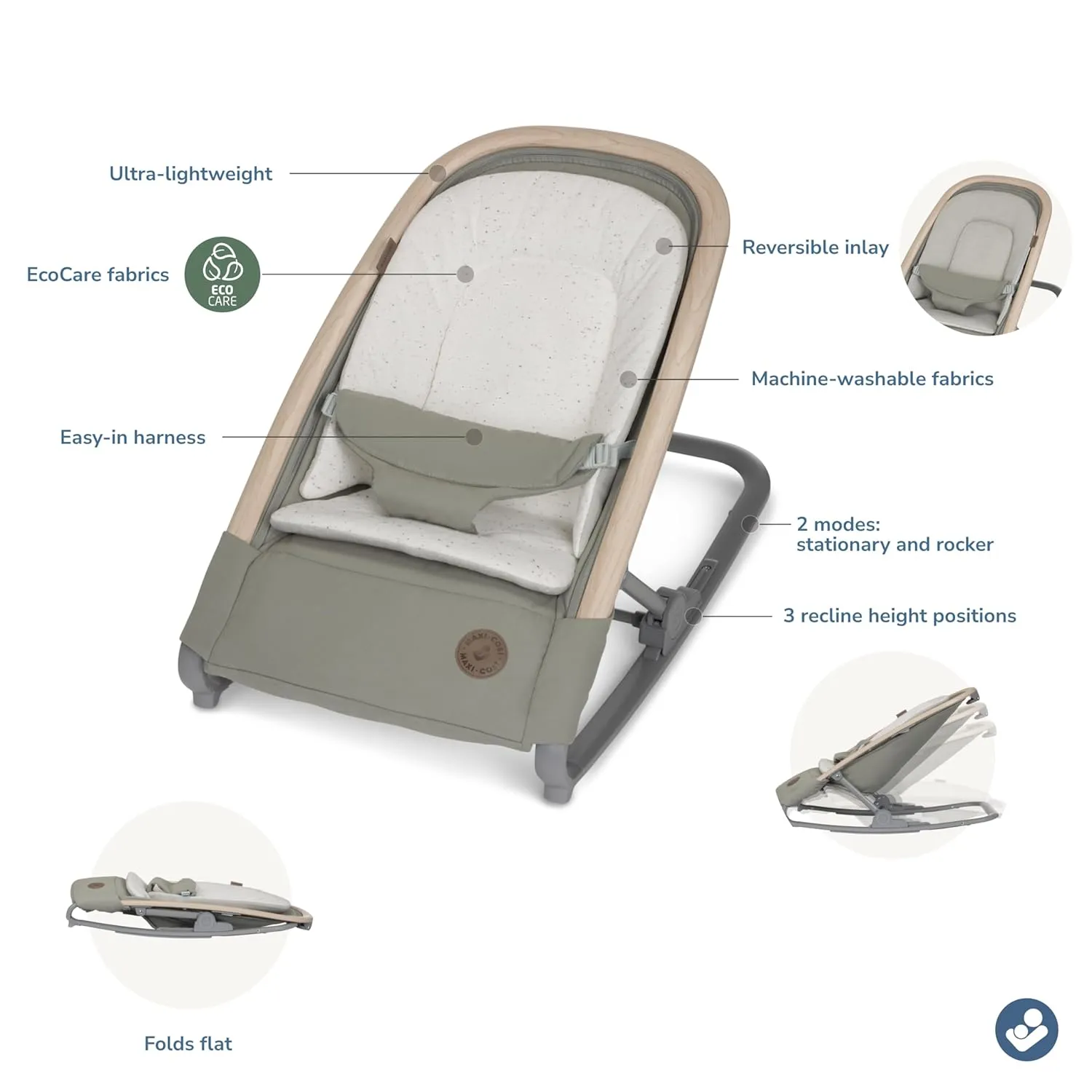 Maxi-Cosi Kori 2-in-1 Baby Bouncer Seat for Infants, Baby Rocker Chair, Portable Baby Bouncer, Classic Green