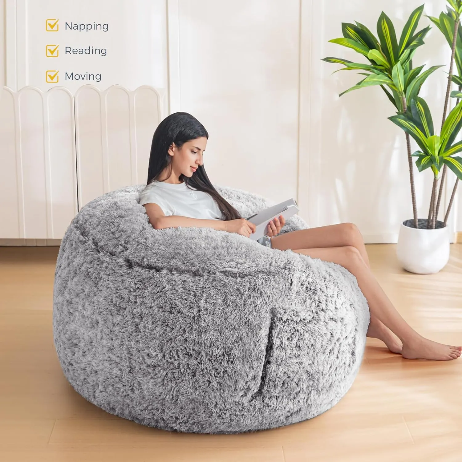 MAXYOYO Bean Bag Chair for Adults, Large 3 ft Bean Bag Chair with Foam Filling, Ultra Soft Fur Lazy Sofa for Living Room Bedroom, Machine Washable Cover