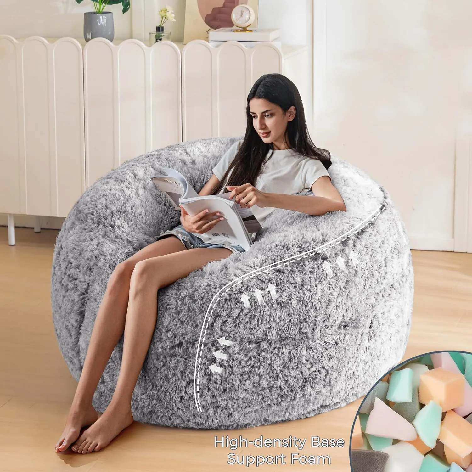 MAXYOYO Bean Bag Chair for Adults, Large 3 ft Bean Bag Chair with Foam Filling, Ultra Soft Fur Lazy Sofa for Living Room Bedroom, Machine Washable Cover