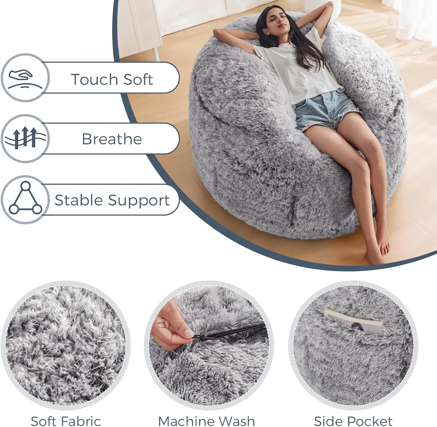 MAXYOYO Bean Bag Chair for Adults, Large 3 ft Bean Bag Chair with Foam Filling, Ultra Soft Fur Lazy Sofa for Living Room Bedroom, Machine Washable Cover