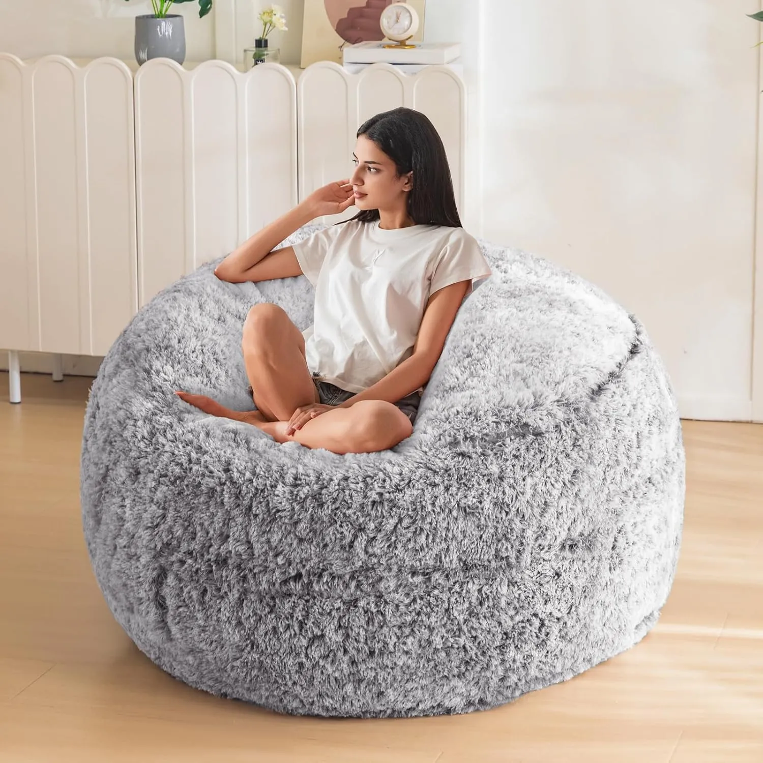 MAXYOYO Bean Bag Chair for Adults, Large 3 ft Bean Bag Chair with Foam Filling, Ultra Soft Fur Lazy Sofa for Living Room Bedroom, Machine Washable Cover