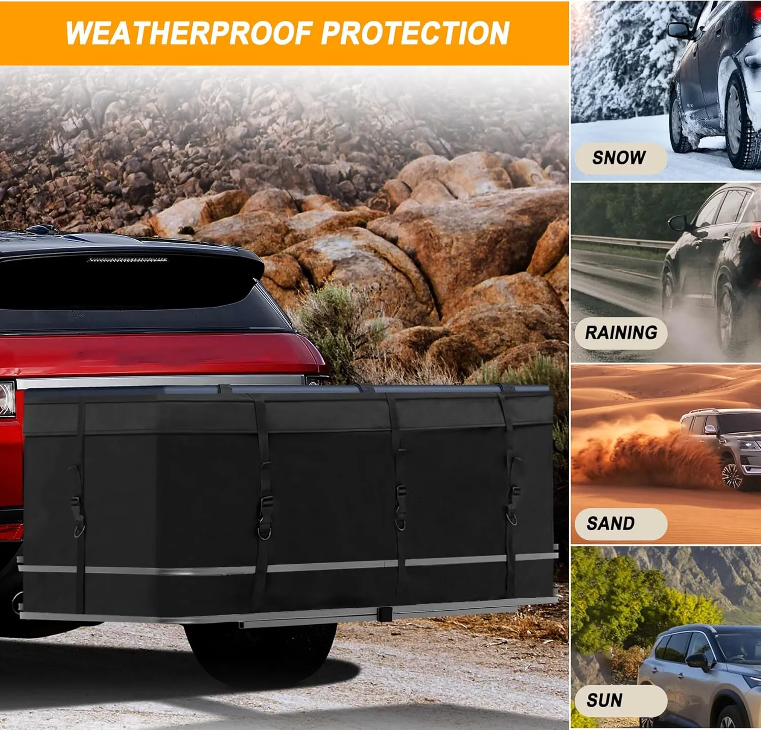 MDSTOP Hitch Cargo Carrier Bag, Waterproof Cargo Bag, 12.5 Cu Ft 53"x20"x20" Rainproof Vehicle Soft-Shell Carriers, with 8 Reinforced Straps for Vans Truck Pickup (Black, 12.5 cu. ft 53"x20"x20")