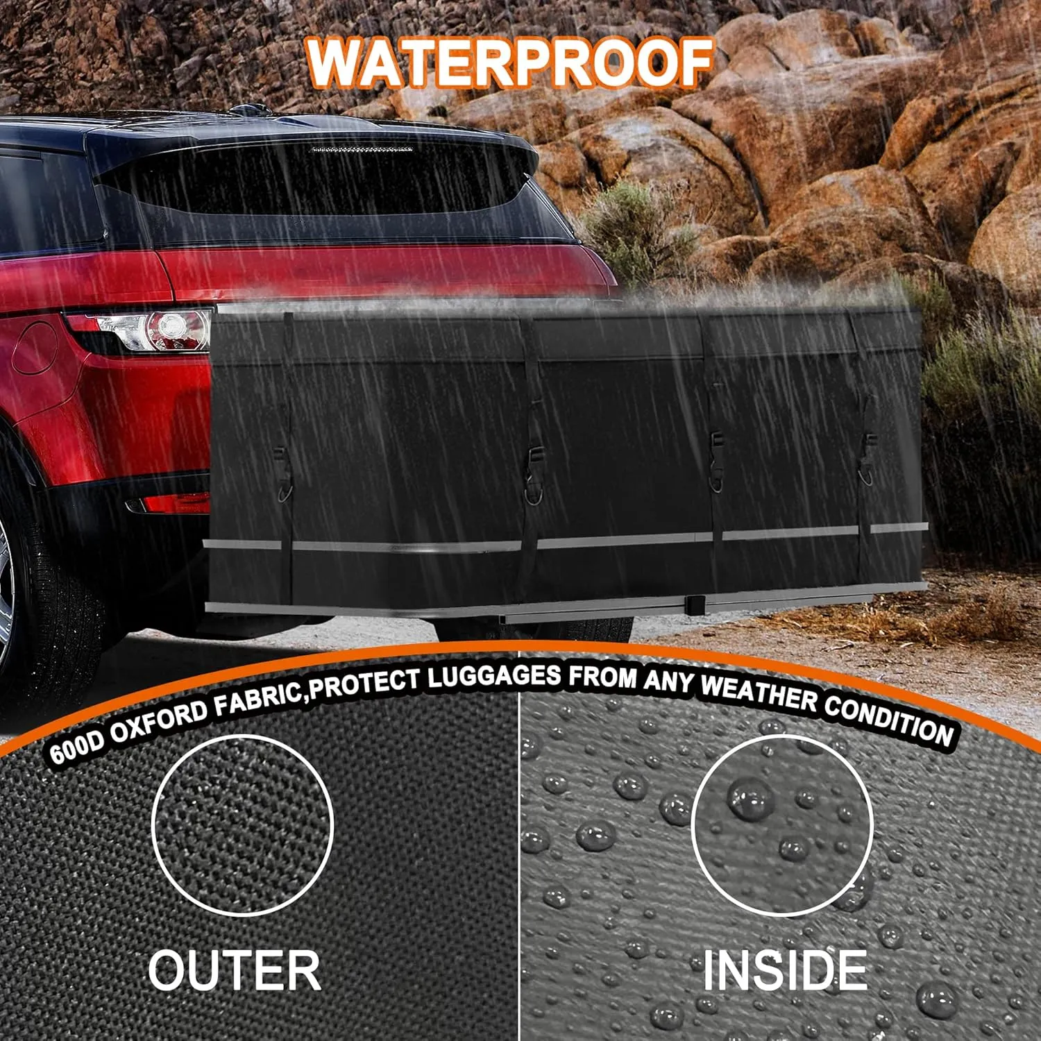 MDSTOP Hitch Cargo Carrier Bag, Waterproof Cargo Bag, 12.5 Cu Ft 53"x20"x20" Rainproof Vehicle Soft-Shell Carriers, with 8 Reinforced Straps for Vans Truck Pickup (Black, 12.5 cu. ft 53"x20"x20")