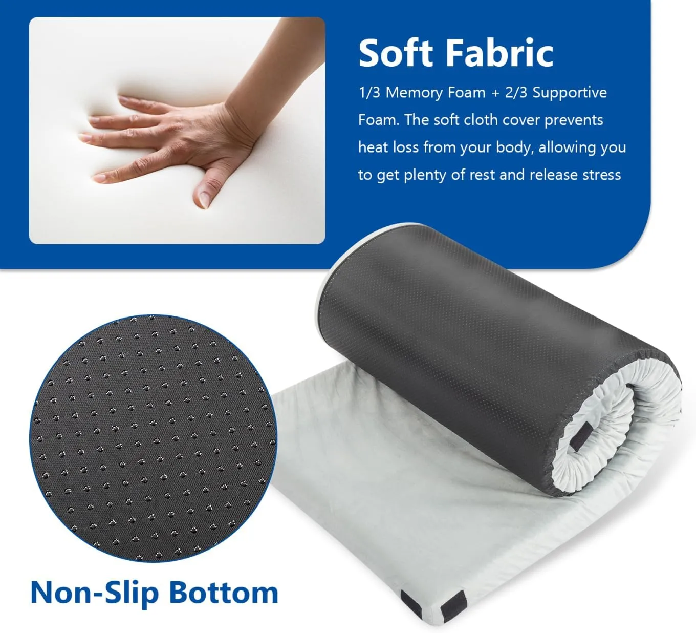 Memory Foam Camping Mattress Pad with 8 Vel-cro Connectors, Portable Roll Up Travel Car Camping Mattress with Travel Bag, Guest Bed with Waterproof & Non-Slip Bottom, Gray