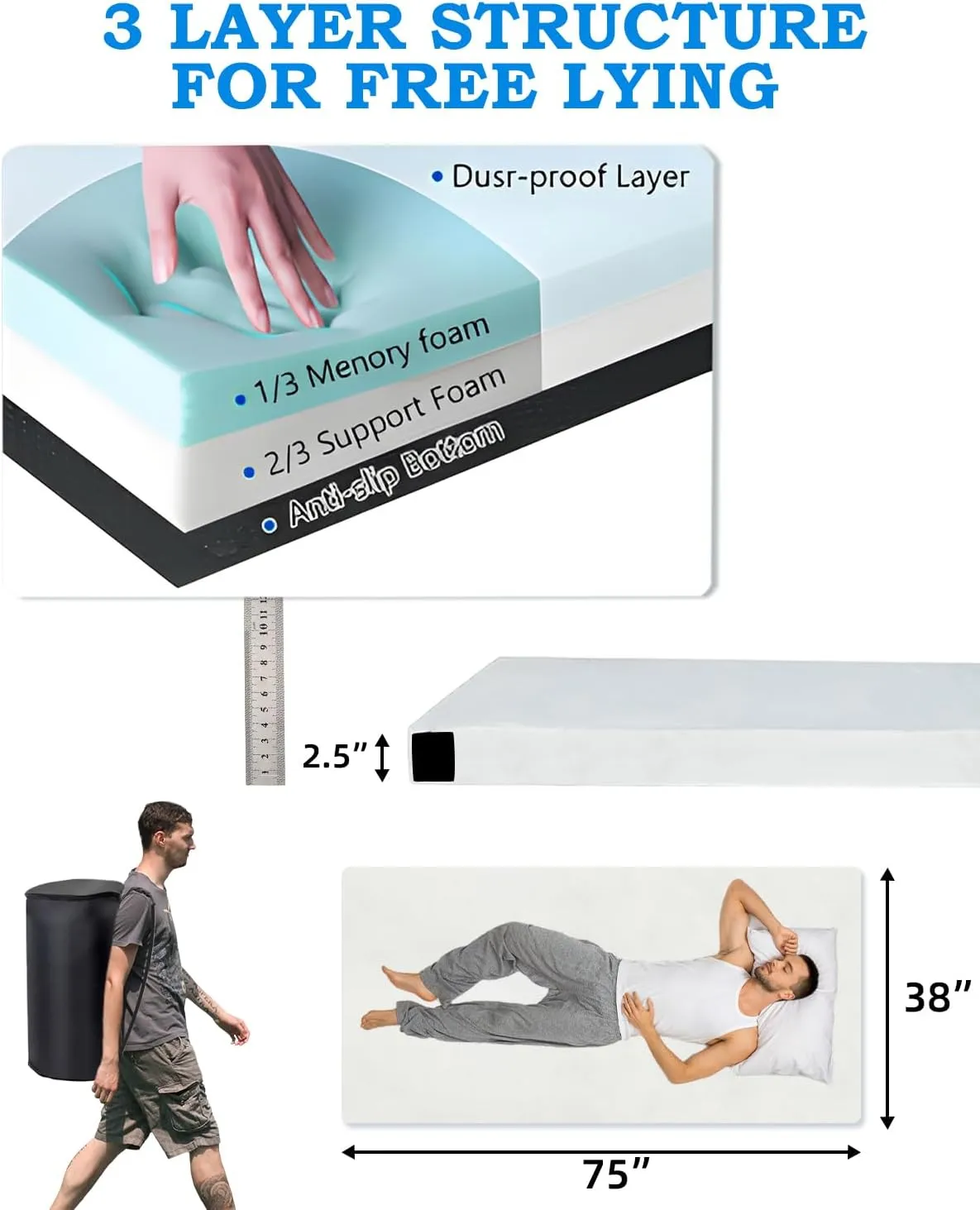 Memory Foam Camping Mattress, Roll Up Waterproof Foam Sleeping Mats for Camping, Portable Camping Mattress Pad for Track, Camping, Grey, 75"×38"×2.5"