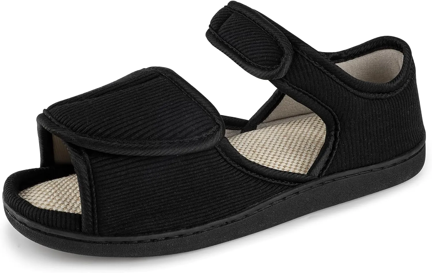 Men's Breathable Diabetic Sandals, Wide Width Adjustable Hook & Loop Open Toe Slippers for Swollen Feet, Edema, Arthritis, Elderly Indoor/Outdoor Black