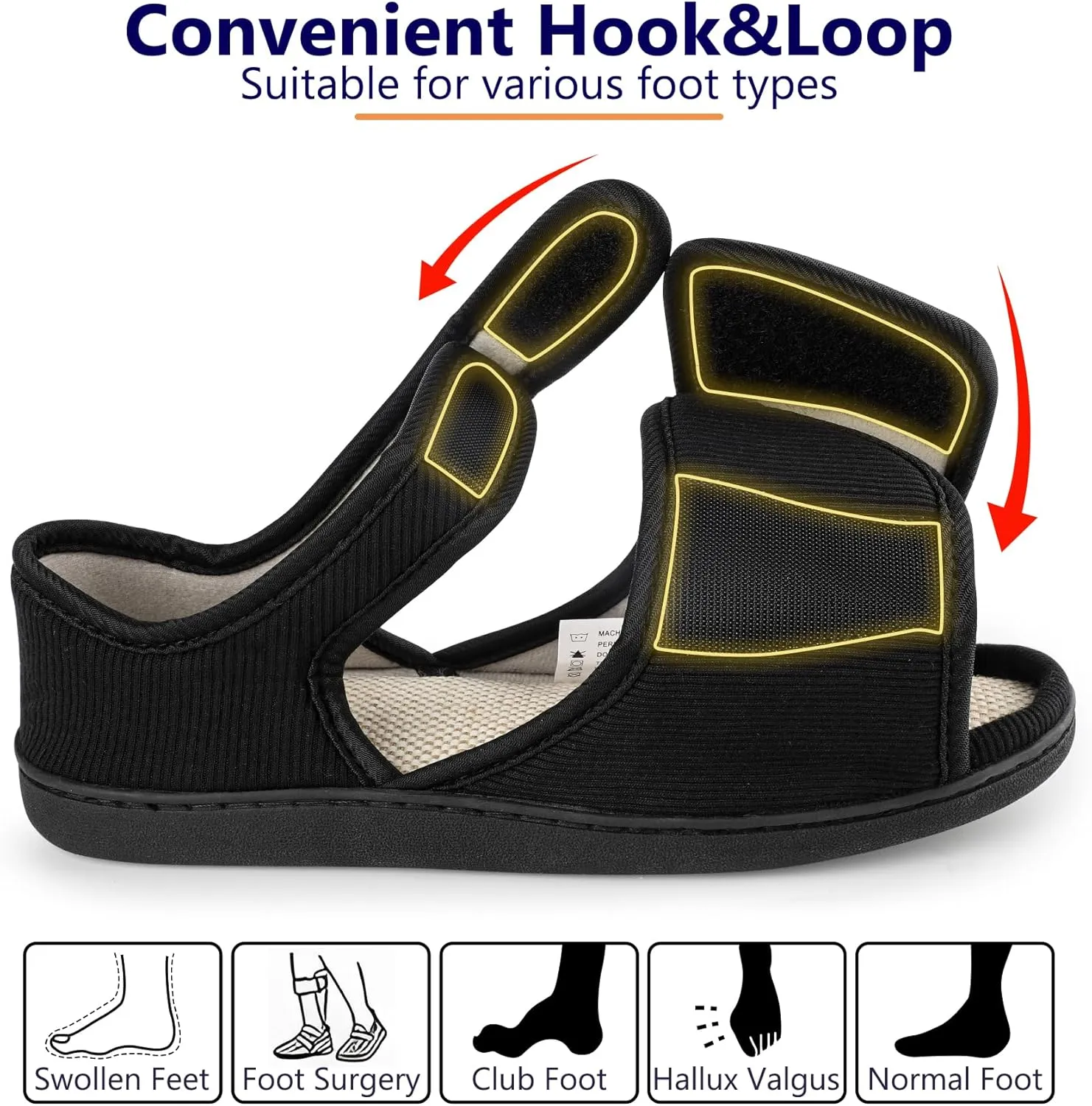Men's Breathable Diabetic Sandals, Wide Width Adjustable Hook & Loop Open Toe Slippers for Swollen Feet, Edema, Arthritis, Elderly Indoor/Outdoor Black
