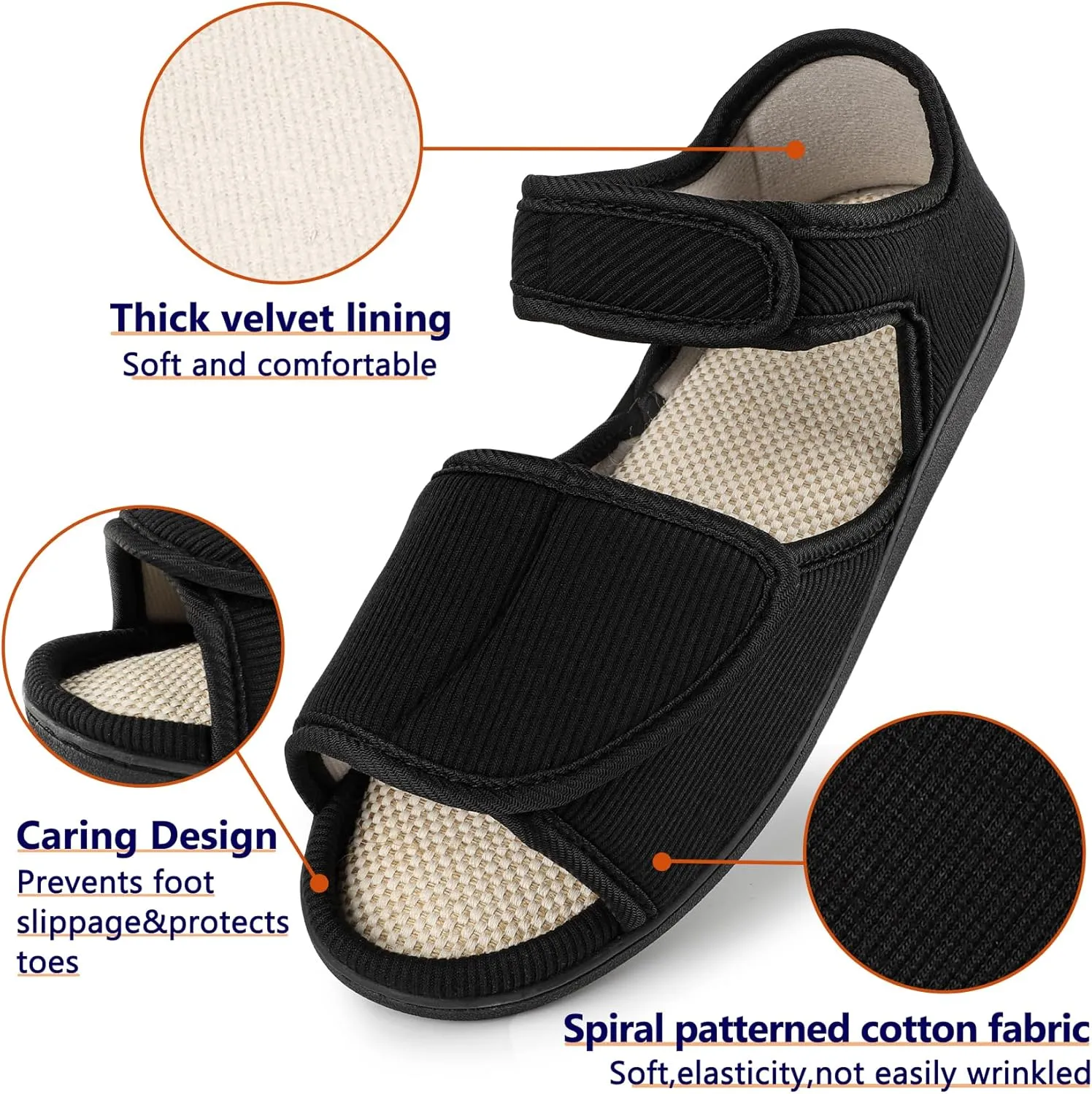 Men's Breathable Diabetic Sandals, Wide Width Adjustable Hook & Loop Open Toe Slippers for Swollen Feet, Edema, Arthritis, Elderly Indoor/Outdoor Black