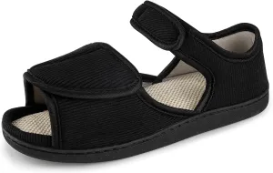 Men's Breathable Diabetic Sandals, Wide Width Adjustable Hook & Loop Open Toe Slippers for Swollen Feet, Edema, Arthritis, Elderly Indoor/Outdoor Black