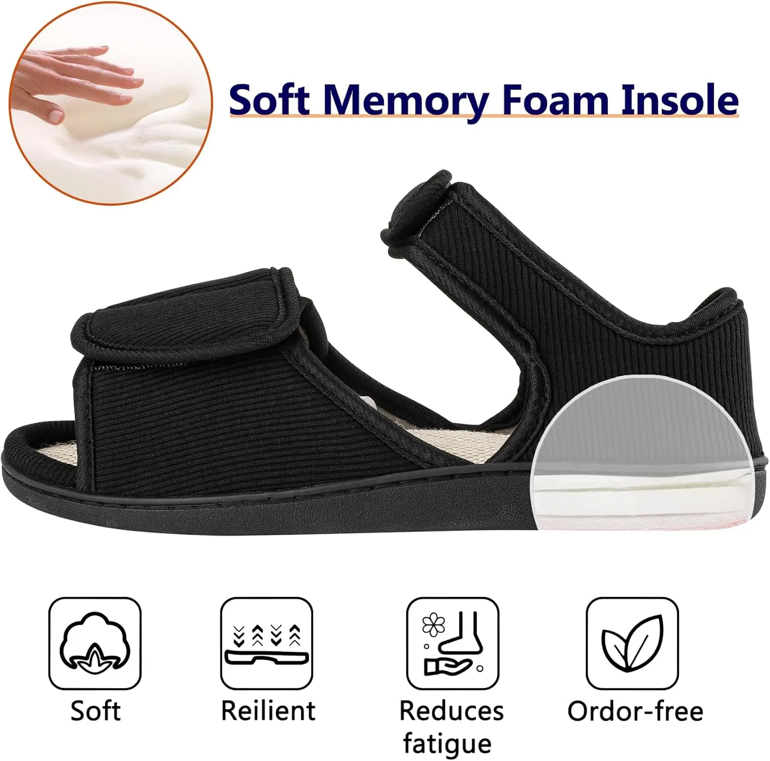 Men's Breathable Diabetic Sandals, Wide Width Adjustable Hook & Loop Open Toe Slippers for Swollen Feet, Edema, Arthritis, Elderly Indoor/Outdoor Black