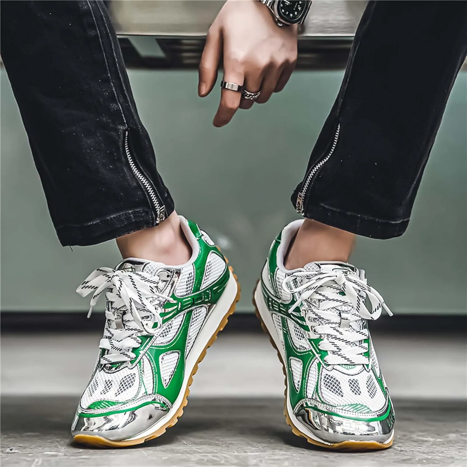 Men's Breathable Running Shoes Anti Slip Fitness Casual Sports Basketball Tennis Fashionable Cross Training Shoes Silver