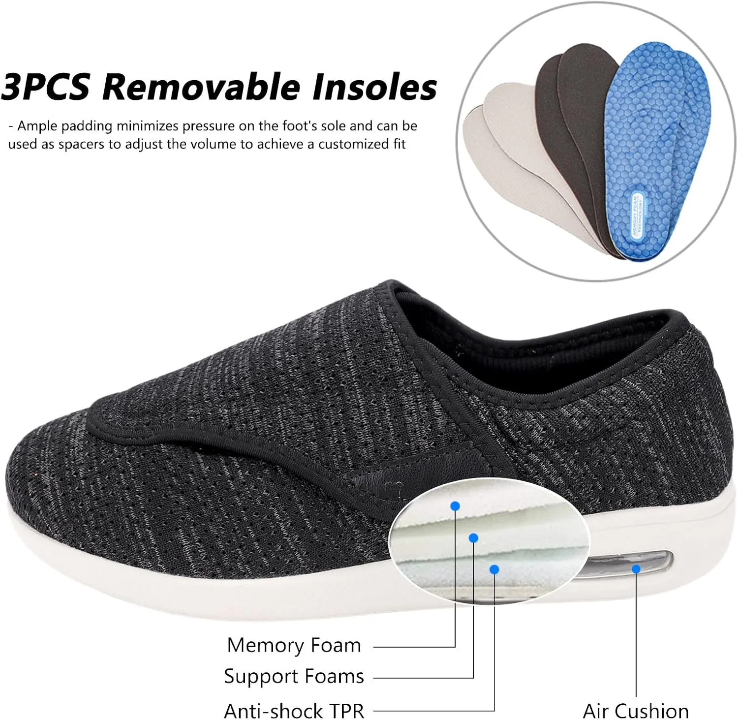 Men's Stylish Diabetic Shoes Extra Wide Width Adjustable Closure Walking Sneakers Lightweight Breathable Mesh Athletic Shoes for Elderly Swollen Feet, Diabetic & Edema