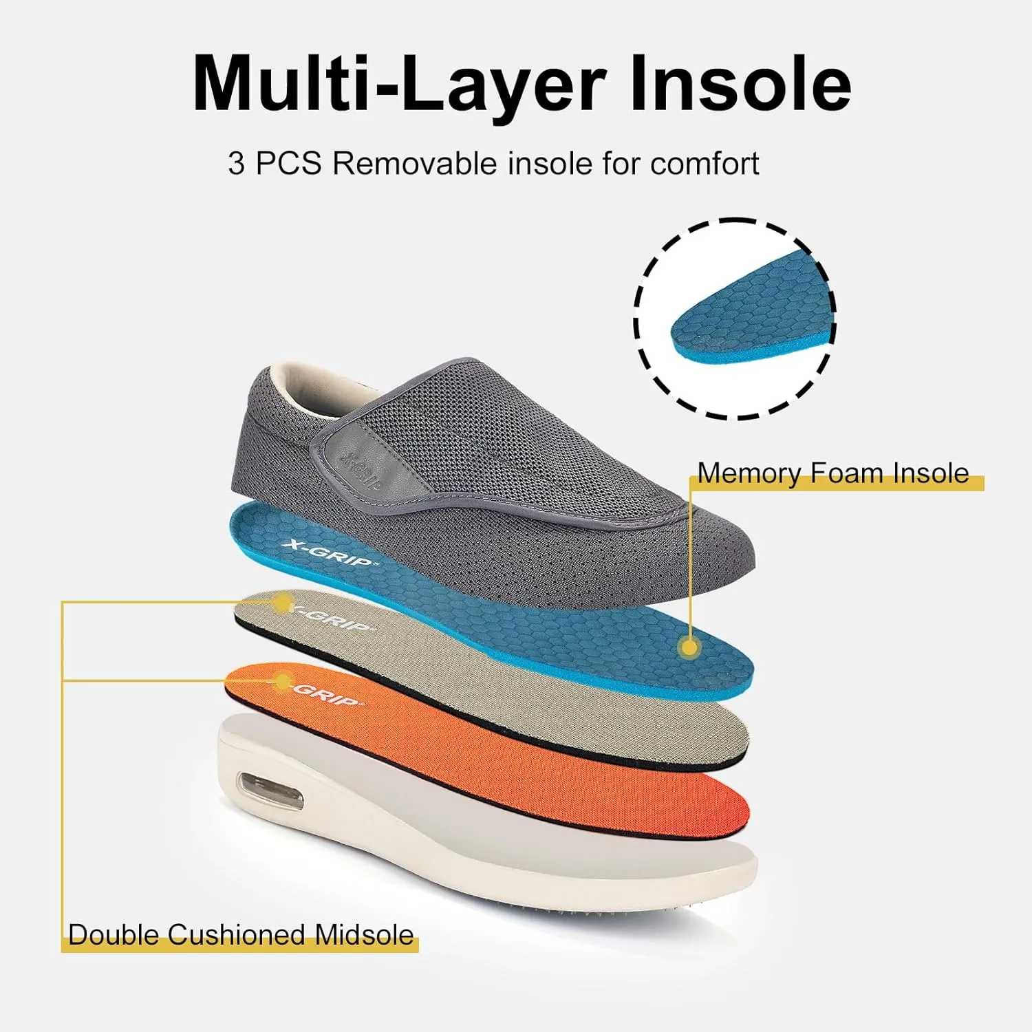Men's Wide Width Diabetic Shoes Adjustable Closure for Arthritis Swollen Edema Plantar Fasciitis Swollen Feet Walking Shoes