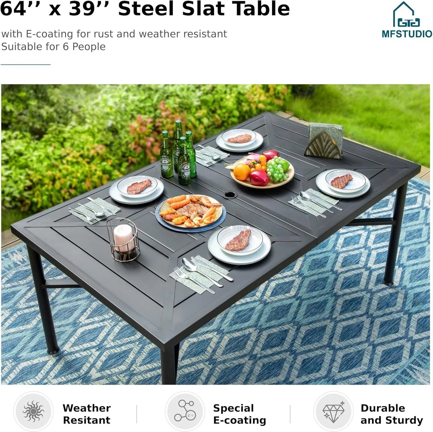 MFSTUDIO 7 Pieces Outdoor Patio Dining Set for 6 with 1 Steel Frame Slat Larger Rectangular Fretwork Table and 4 Chairs, 2 Swivel Chairs,1.7" Umbrella Hole, Black