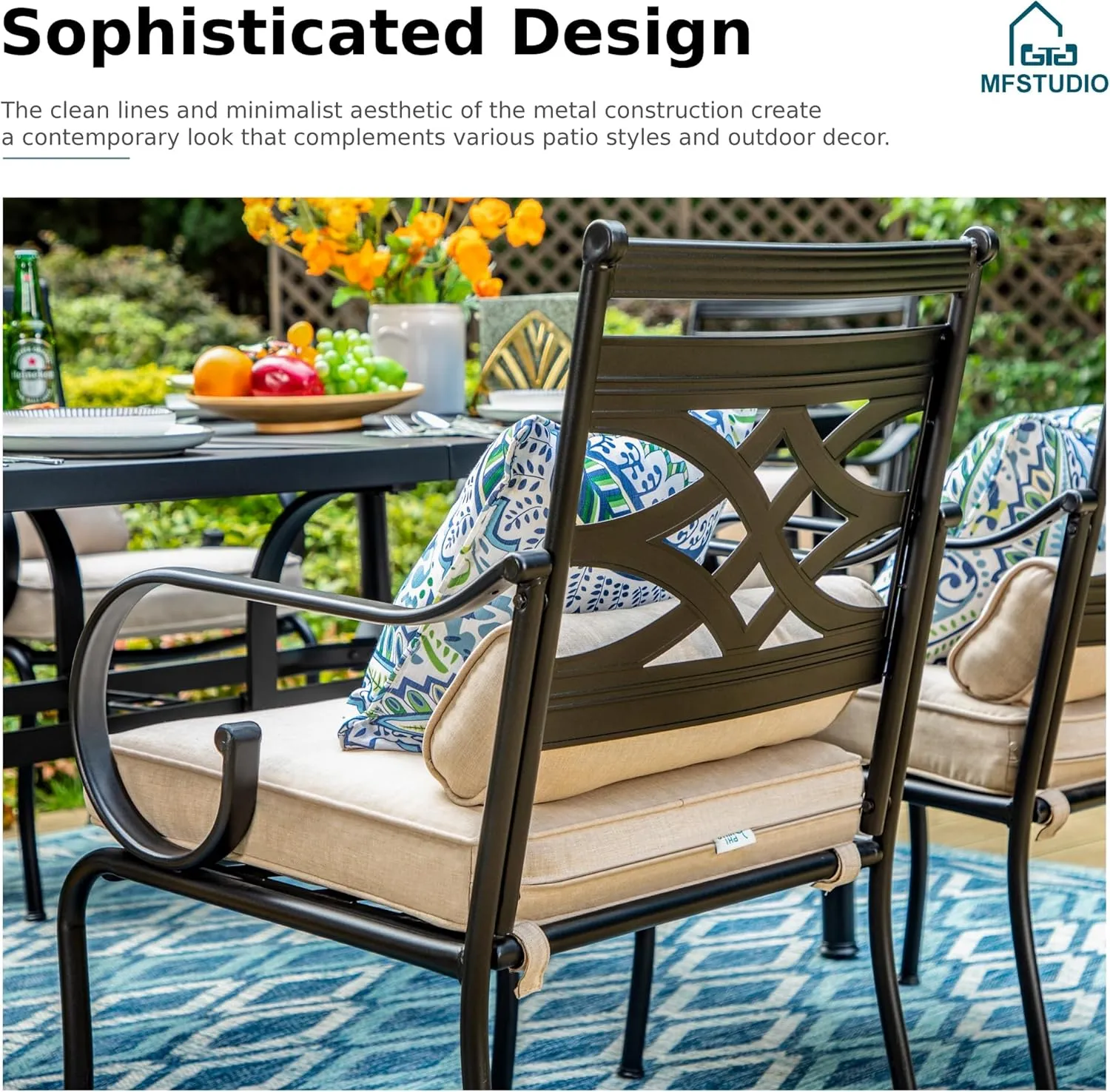 MFSTUDIO 7 Pieces Outdoor Patio Dining Set for 6 with 1 Steel Frame Slat Larger Rectangular Fretwork Table and 4 Chairs, 2 Swivel Chairs,1.7" Umbrella Hole, Black