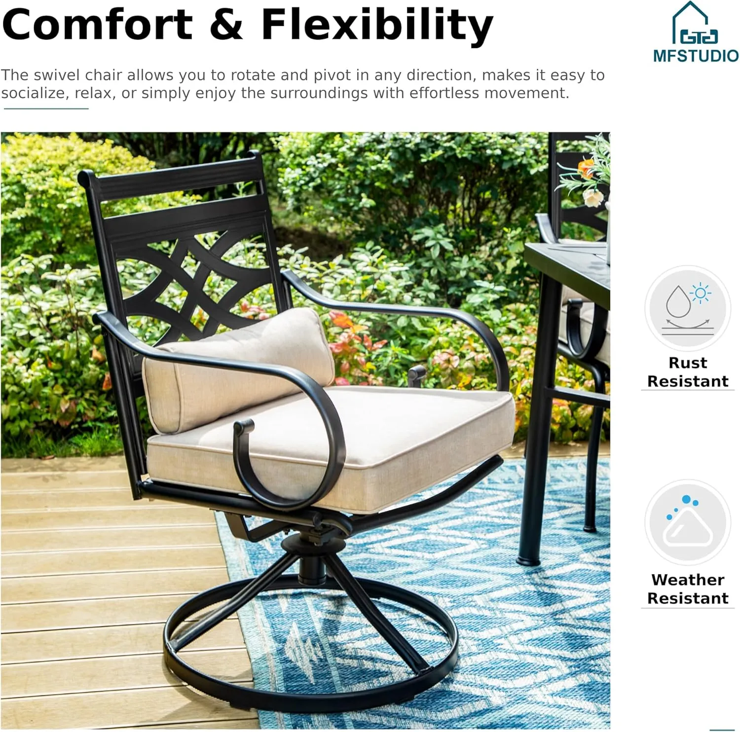 MFSTUDIO 7 Pieces Outdoor Patio Dining Set for 6 with 1 Steel Frame Slat Larger Rectangular Fretwork Table and 4 Chairs, 2 Swivel Chairs,1.7" Umbrella Hole, Black
