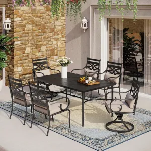 MFSTUDIO 7 Pieces Outdoor Patio Dining Set for 6 with 1 Steel Frame Slat Larger Rectangular Fretwork Table and 4 Chairs, 2 Swivel Chairs,1.7" Umbrella Hole, Black
