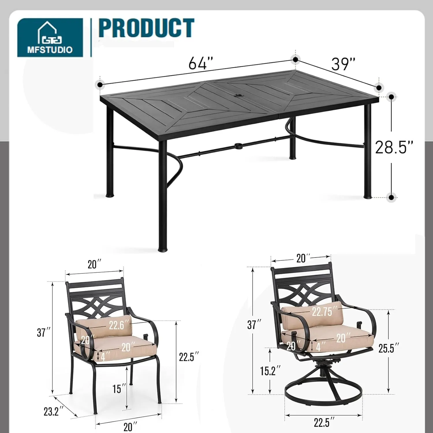 MFSTUDIO 7 Pieces Outdoor Patio Dining Set for 6 with 1 Steel Frame Slat Larger Rectangular Fretwork Table and 4 Chairs, 2 Swivel Chairs,1.7" Umbrella Hole, Black