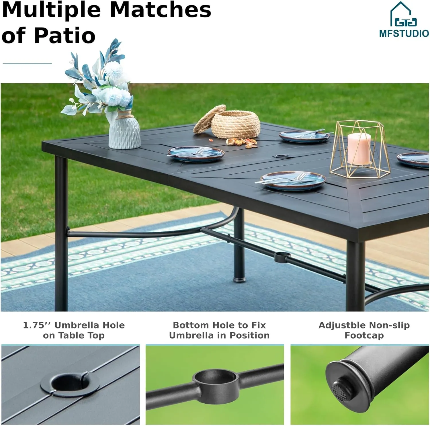 MFSTUDIO 7 Pieces Outdoor Patio Dining Set for 6 with 1 Steel Frame Slat Larger Rectangular Fretwork Table and 4 Chairs, 2 Swivel Chairs,1.7" Umbrella Hole, Black