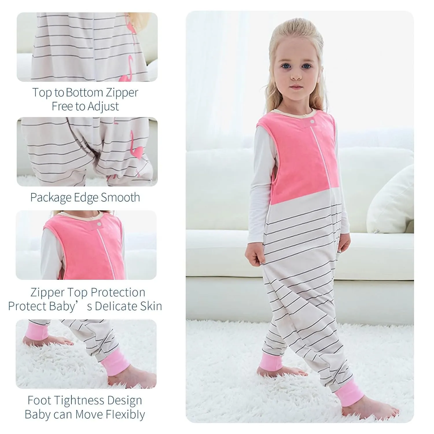 MICHLEY Toddler Sleeping Sack with Feet Newborn Infant Sleeveless Sleeping Bag 2-Way Zipper Baby Wearable Blanket for Walkers,Pink Bird,3-5T