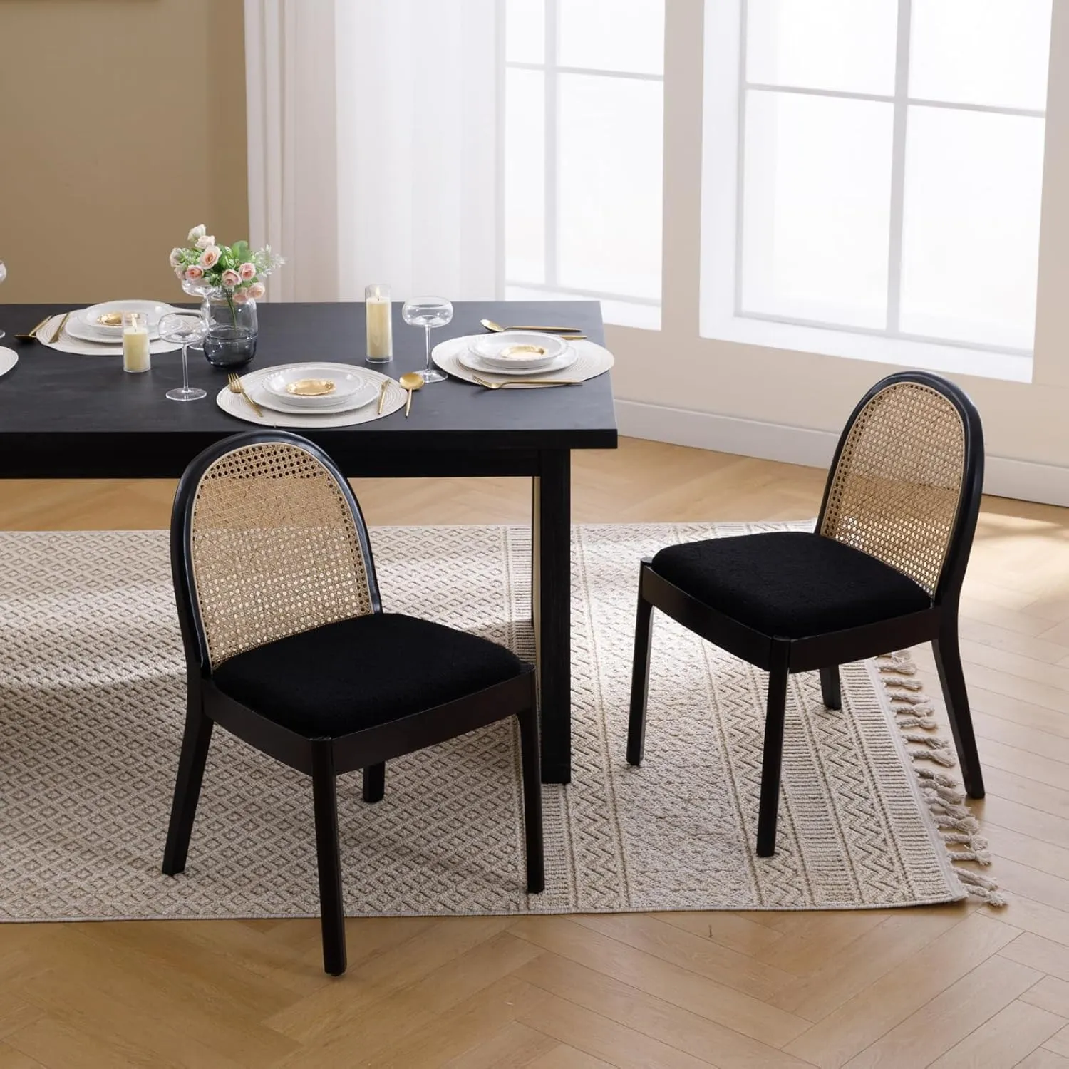 Mid Century Dining Chairs Set of 4, Accent Rattan Sherpa Fabric Side Chairs Kitchen Chair with Solid Wooden Legs for Living Room Dining Room, Black