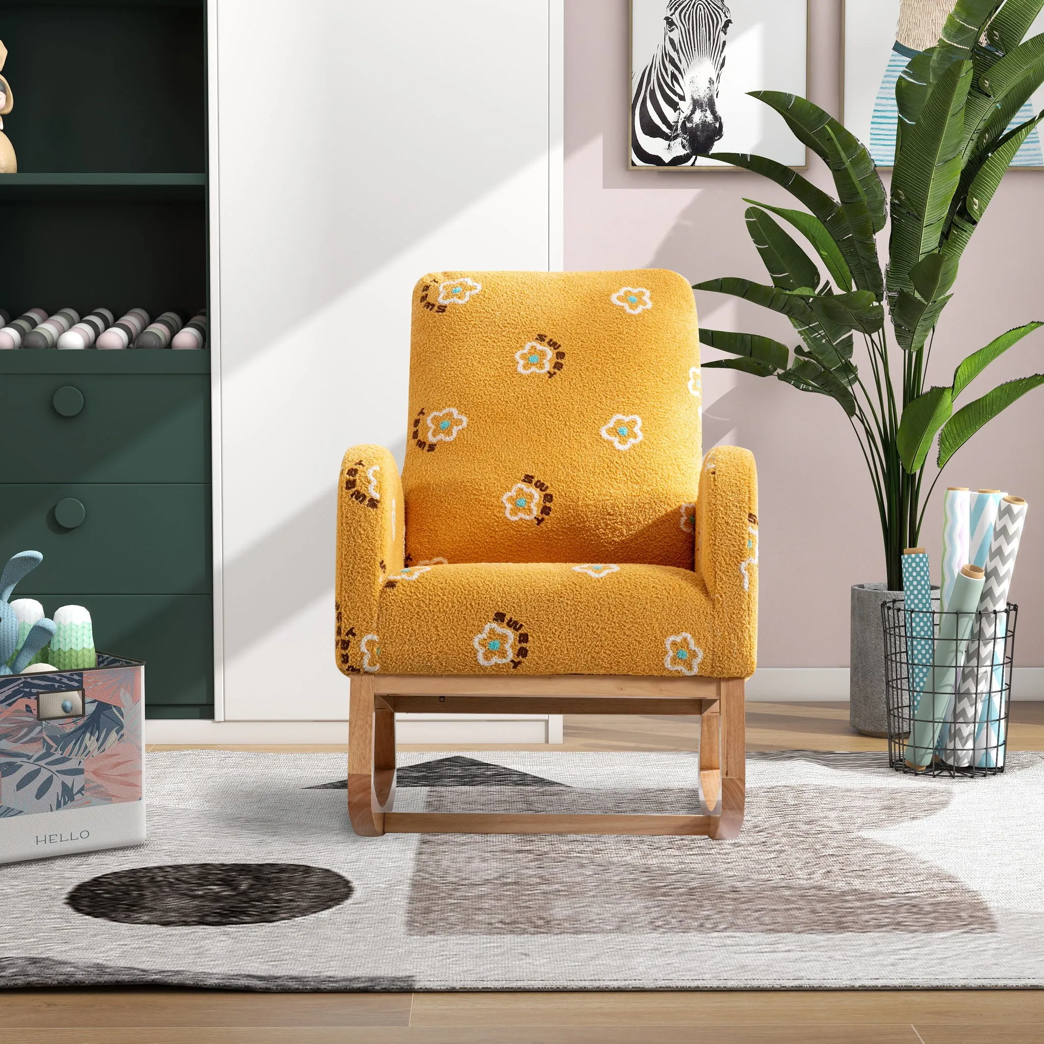 Modern Accent Rocker Armchair With Side Pocket, Upholstered High Back