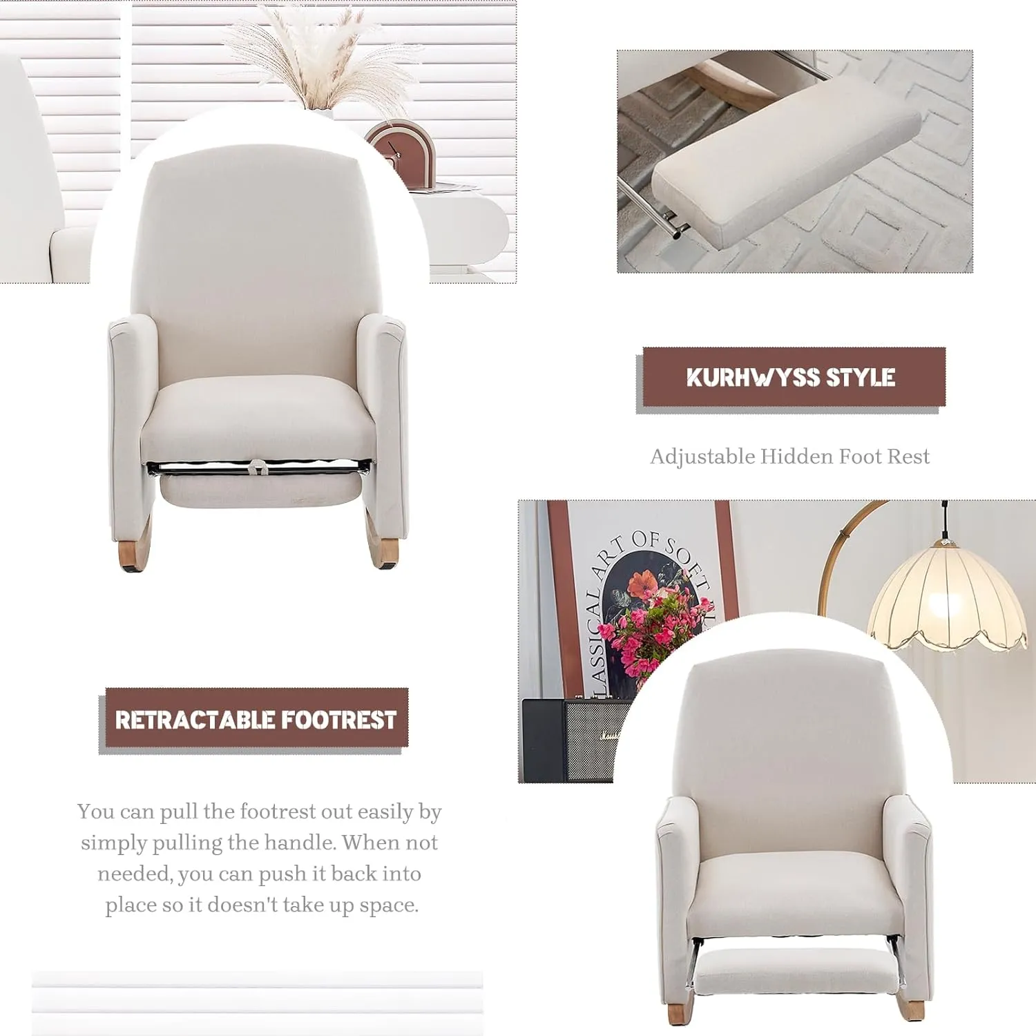 Modern Rocking Chair Nursery, Comfy Glider Nursery Chair with Foot Rest, Upholstered Rocker with Pocket, Accent Reading Armchair with Solid Wood Base for Living Room, Bedroom, Lounge Room (Beige)