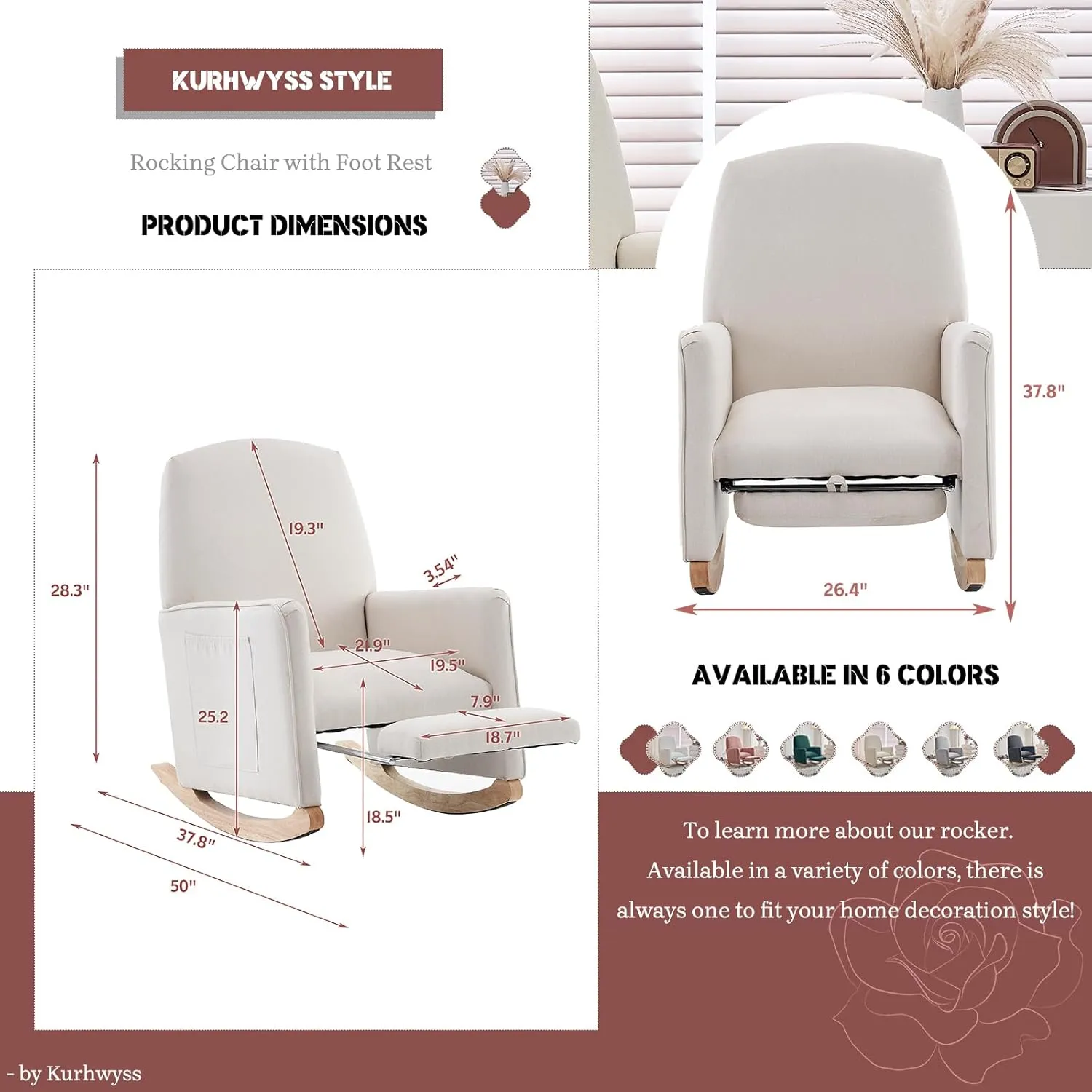 Modern Rocking Chair Nursery, Comfy Glider Nursery Chair with Foot Rest, Upholstered Rocker with Pocket, Accent Reading Armchair with Solid Wood Base for Living Room, Bedroom, Lounge Room (Beige)