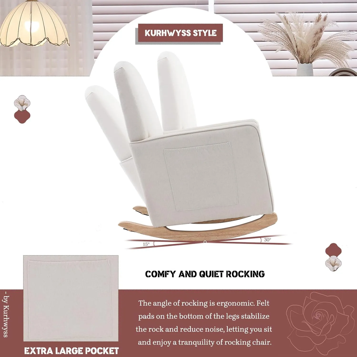 Modern Rocking Chair Nursery, Comfy Glider Nursery Chair with Foot Rest, Upholstered Rocker with Pocket, Accent Reading Armchair with Solid Wood Base for Living Room, Bedroom, Lounge Room (Beige)