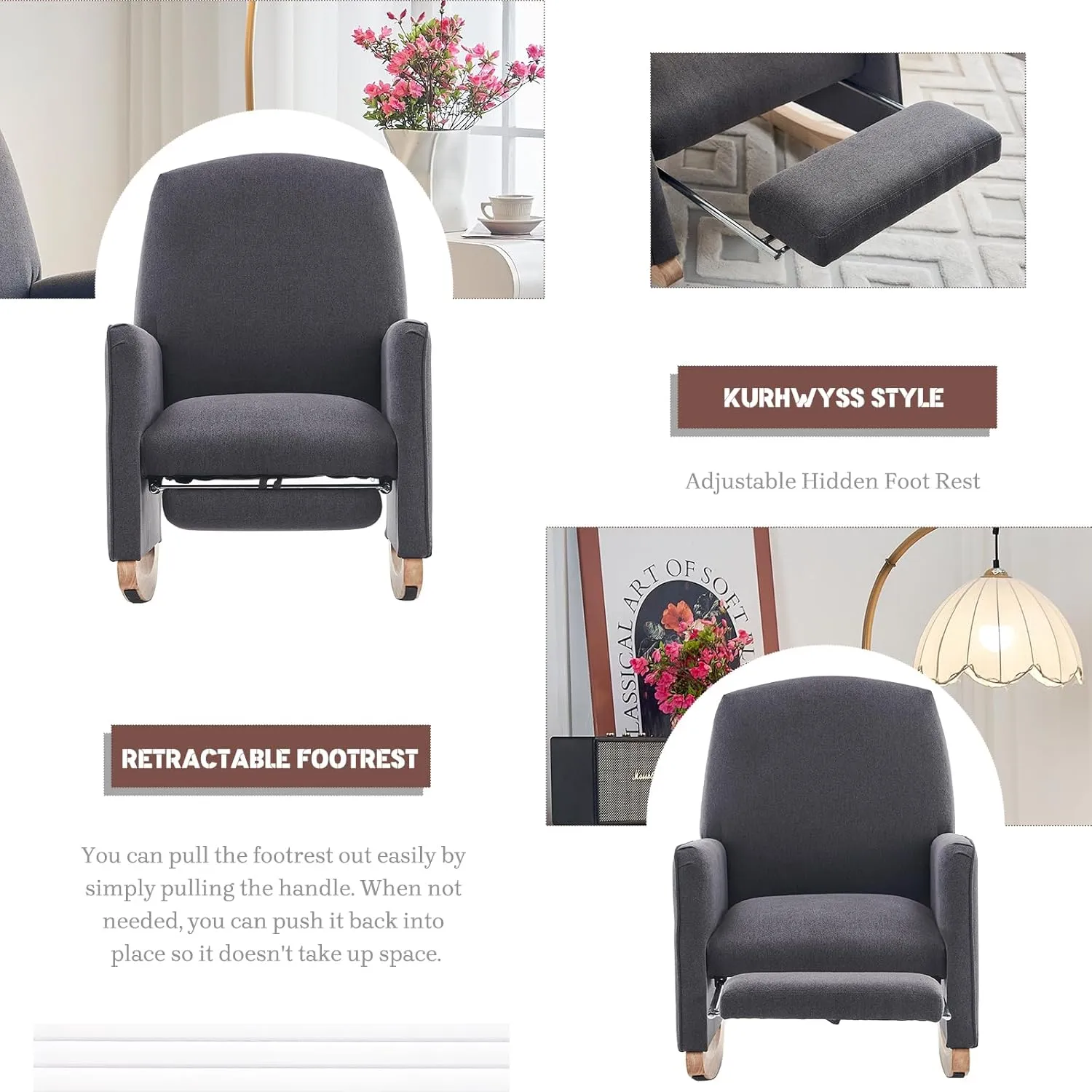 Modern Rocking Chair Nursery, Comfy Glider Nursery Chair with Foot Rest, Upholstered Rocker with Pocket, Accent Reading Armchair with Solid Wood Base for Living Room, Bedroom, Lounge Room (Dark Gray)