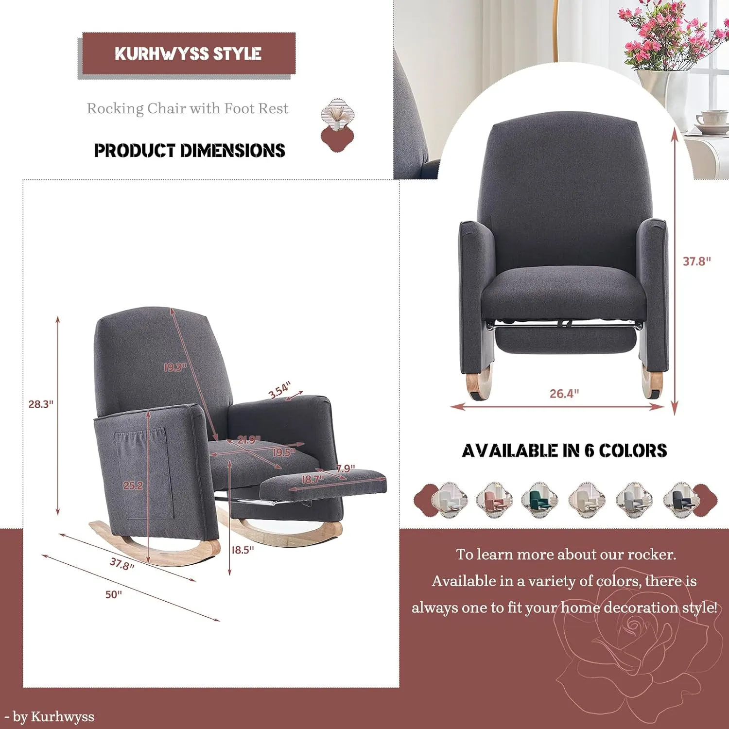Modern Rocking Chair Nursery, Comfy Glider Nursery Chair with Foot Rest, Upholstered Rocker with Pocket, Accent Reading Armchair with Solid Wood Base for Living Room, Bedroom, Lounge Room (Dark Gray)