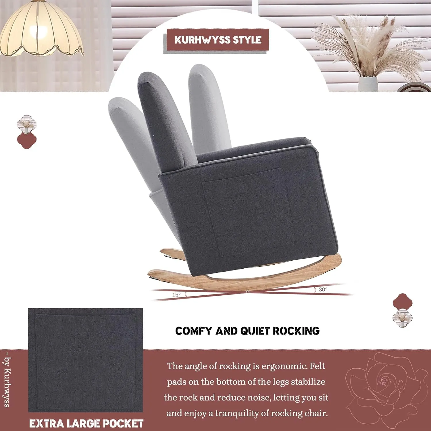 Modern Rocking Chair Nursery, Comfy Glider Nursery Chair with Foot Rest, Upholstered Rocker with Pocket, Accent Reading Armchair with Solid Wood Base for Living Room, Bedroom, Lounge Room (Dark Gray)