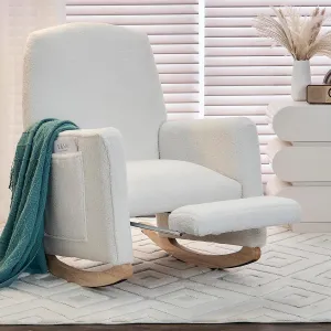 Modern Rocking Chair Nursery, Comfy Glider Nursery Chair with Foot Rest, Upholstered Rocker with Pocket, Accent Reading Armchair with Solid Wood Base for Living Room, Bedroom, Lounge Room (Ivory)