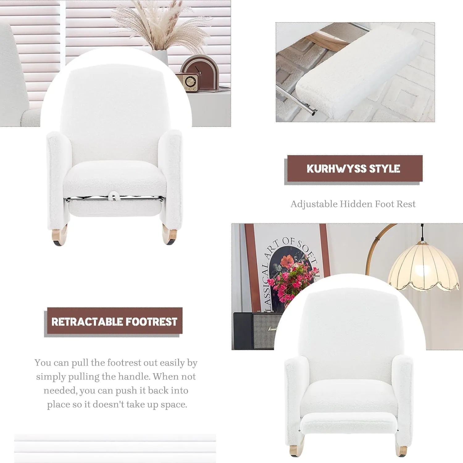 Modern Rocking Chair Nursery, Comfy Glider Nursery Chair with Foot Rest, Upholstered Rocker with Pocket, Accent Reading Armchair with Solid Wood Base for Living Room, Bedroom, Lounge Room (Ivory)