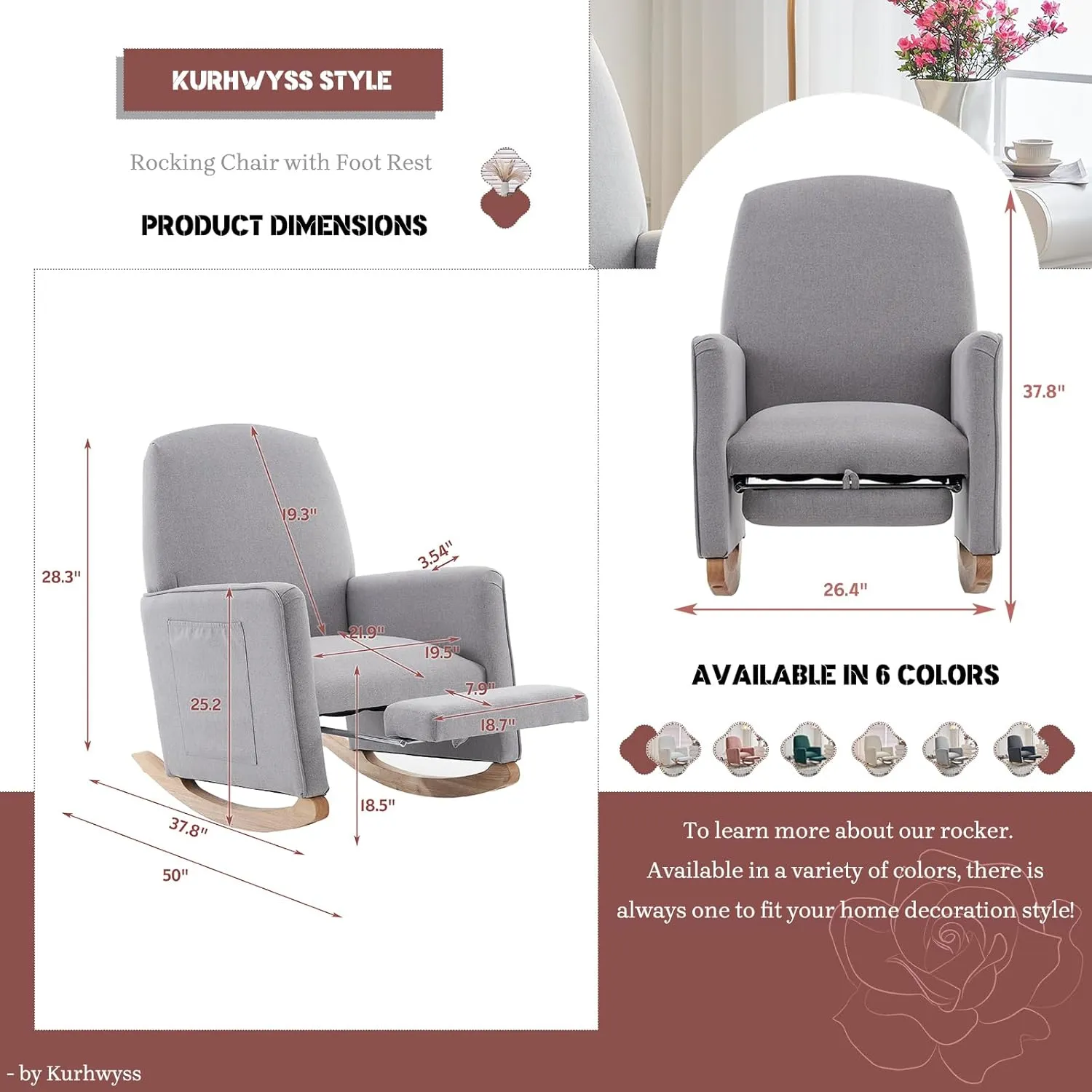 Modern Rocking Chair Nursery, Comfy Glider Nursery Chair with Foot Rest, Upholstered Rocker with Pocket, Accent Reading Armchair with Solid Wood Base for Living Room, Bedroom, Lounge Room (Light Gray)