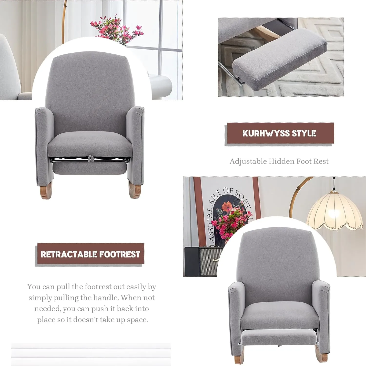 Modern Rocking Chair Nursery, Comfy Glider Nursery Chair with Foot Rest, Upholstered Rocker with Pocket, Accent Reading Armchair with Solid Wood Base for Living Room, Bedroom, Lounge Room (Light Gray)
