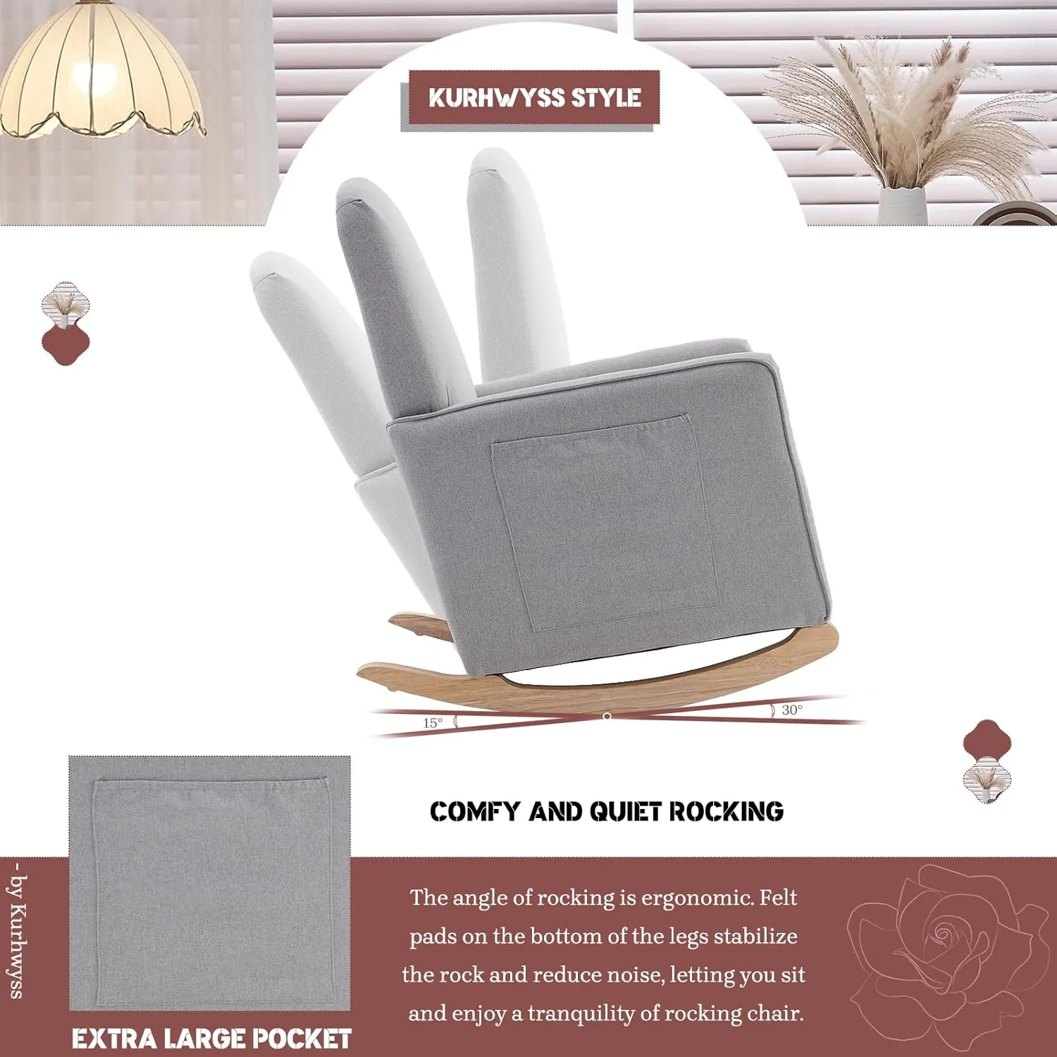 Modern Rocking Chair Nursery, Comfy Glider Nursery Chair with Foot Rest, Upholstered Rocker with Pocket, Accent Reading Armchair with Solid Wood Base for Living Room, Bedroom, Lounge Room (Light Gray)