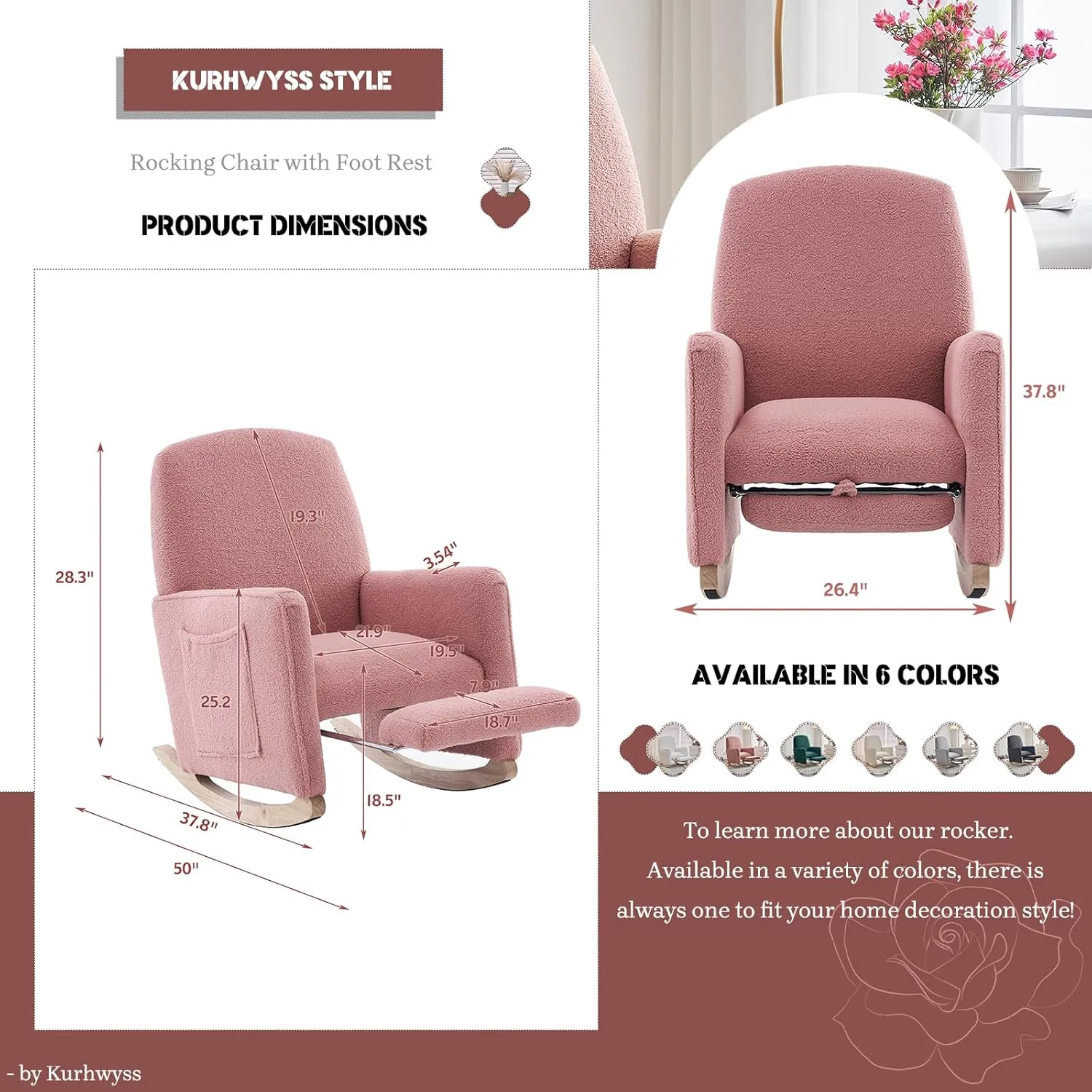 Modern Rocking Chair Nursery, Comfy Glider Nursery Chair with Foot Rest, Upholstered Rocker with Pocket, Accent Reading Armchair with Solid Wood Base for Living Room, Bedroom, Lounge Room (Pink)