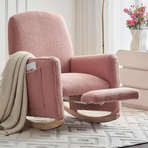 Modern Rocking Chair Nursery, Comfy Glider Nursery Chair with Foot Rest, Upholstered Rocker with Pocket, Accent Reading Armchair with Solid Wood Base for Living Room, Bedroom, Lounge Room (Pink)